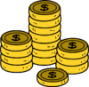 Cute hand drawn gold coin stacks in a bubbly cartoon style with black outlines and dollar signs on each coin.